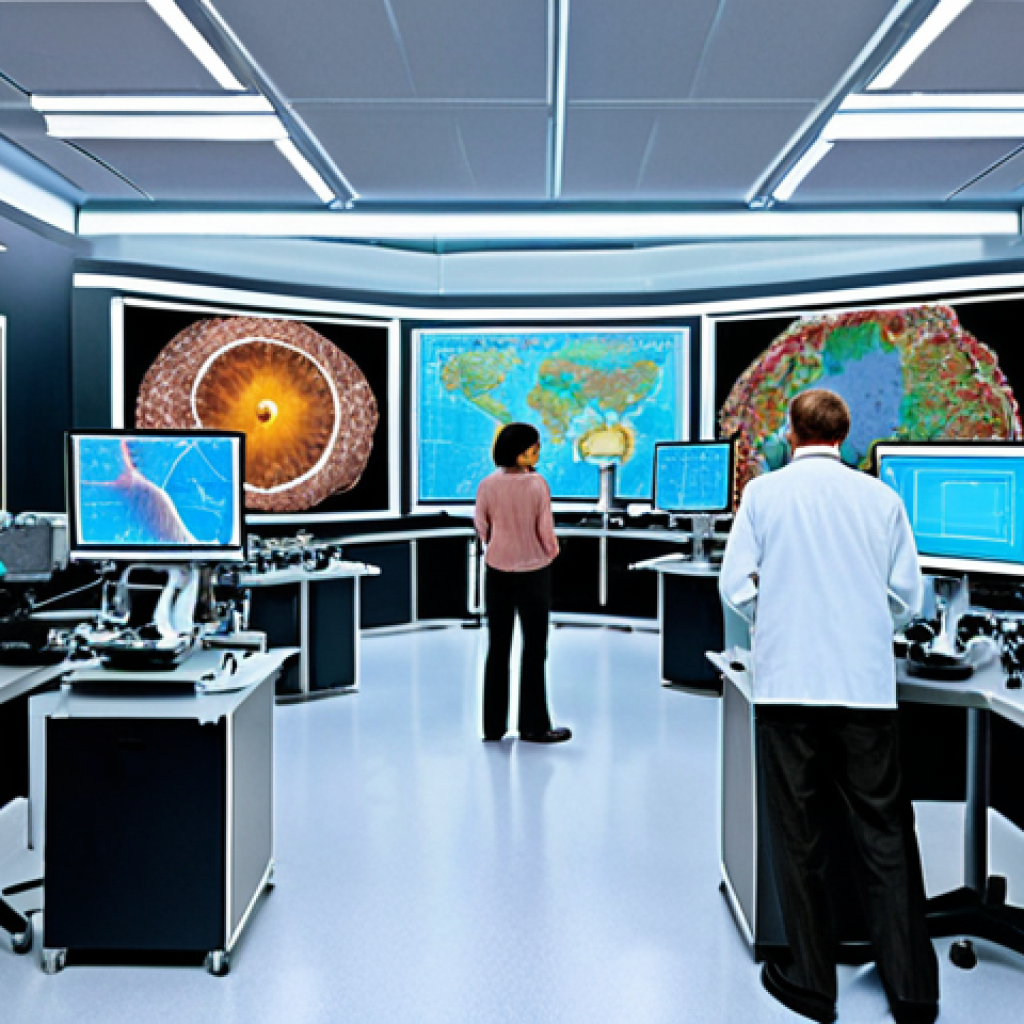 **
    "A vibrant, high-tech biology research laboratory bustling with activity. Diverse scientists, including those of various ethnicities, are actively engaged in collaborative work, utilizing advanced microscopes, holographic data projections, and automated lab equipment. The background features abstract elements suggesting global connectivity and innovation, such as interconnected lines or subtle map contours. The atmosphere is dynamic and forward-thinking, embodying cutting-edge research and international collaboration."

2.  **Prompt for