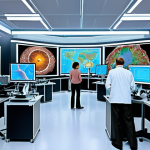 **
    "A vibrant, high-tech biology research laboratory bustling with activity. Diverse scientists, including those of various ethnicities, are actively engaged in collaborative work, utilizing advanced microscopes, holographic data projections, and automated lab equipment. The background features abstract elements suggesting global connectivity and innovation, such as interconnected lines or subtle map contours. The atmosphere is dynamic and forward-thinking, embodying cutting-edge research and international collaboration."

2.  **Prompt for