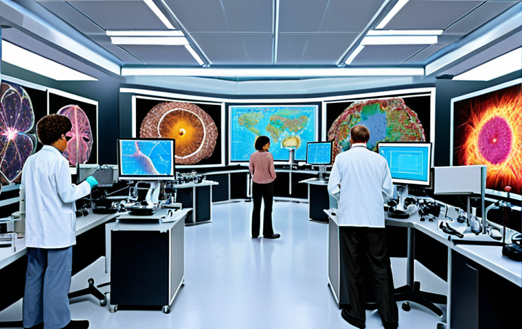 **
    "A vibrant, high-tech biology research laboratory bustling with activity. Diverse scientists, including those of various ethnicities, are actively engaged in collaborative work, utilizing advanced microscopes, holographic data projections, and automated lab equipment. The background features abstract elements suggesting global connectivity and innovation, such as interconnected lines or subtle map contours. The atmosphere is dynamic and forward-thinking, embodying cutting-edge research and international collaboration."

2.  **Prompt for