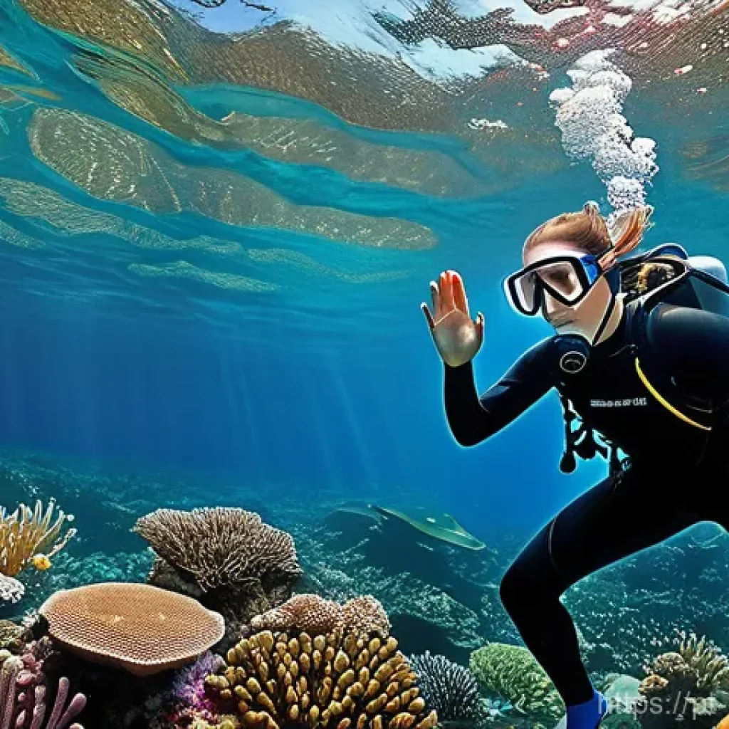 생물학자 해외 연구 경험 쌓는 법 - **Prompt:** A female marine biologist, mid-30s, with practical, tied-back hair, wearing a full wetsu...