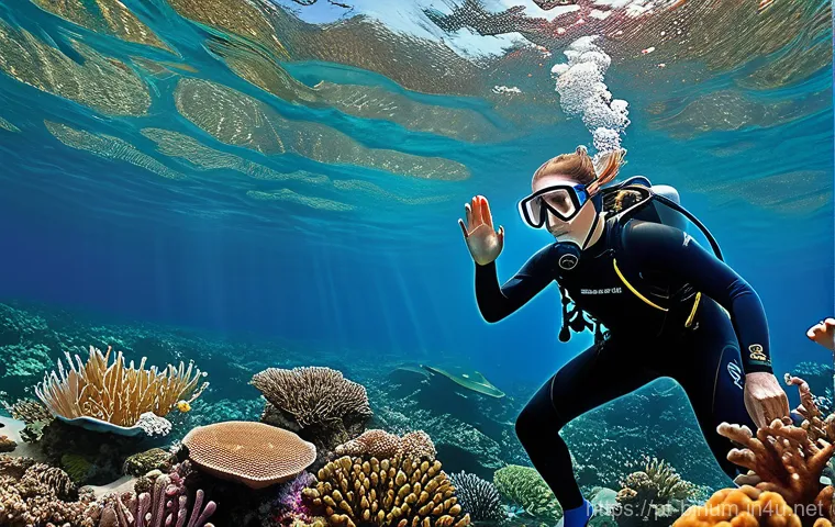 생물학자 해외 연구 경험 쌓는 법 - **Prompt:** A female marine biologist, mid-30s, with practical, tied-back hair, wearing a full wetsu...