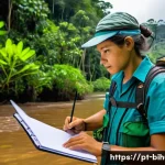 생물학자 진로 방향과 목표 설정 - A detailed scene of an ecologist in the Amazon rainforest, wearing field-appropriate clothing with p...