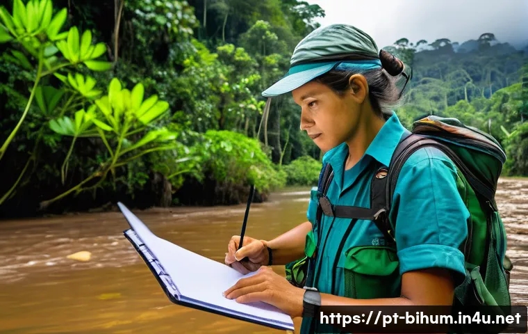 생물학자 진로 방향과 목표 설정 - A detailed scene of an ecologist in the Amazon rainforest, wearing field-appropriate clothing with p...