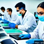 생물학자 진로 전환 방법 - A modern biotechnology laboratory scene showing a diverse team of scientists wearing lab coats and s...