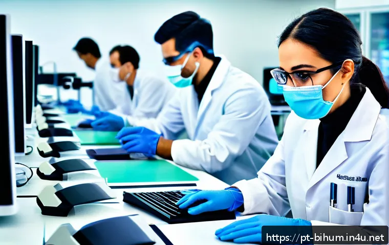 생물학자 진로 전환 방법 - A modern biotechnology laboratory scene showing a diverse team of scientists wearing lab coats and s...
