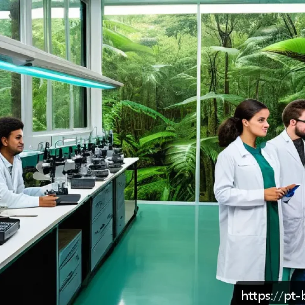 생물학자 연구개발 경로 - A vibrant university biology laboratory scene in Brazil, featuring diverse young researchers in casu...