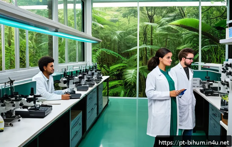 생물학자 연구개발 경로 - A vibrant university biology laboratory scene in Brazil, featuring diverse young researchers in casu...