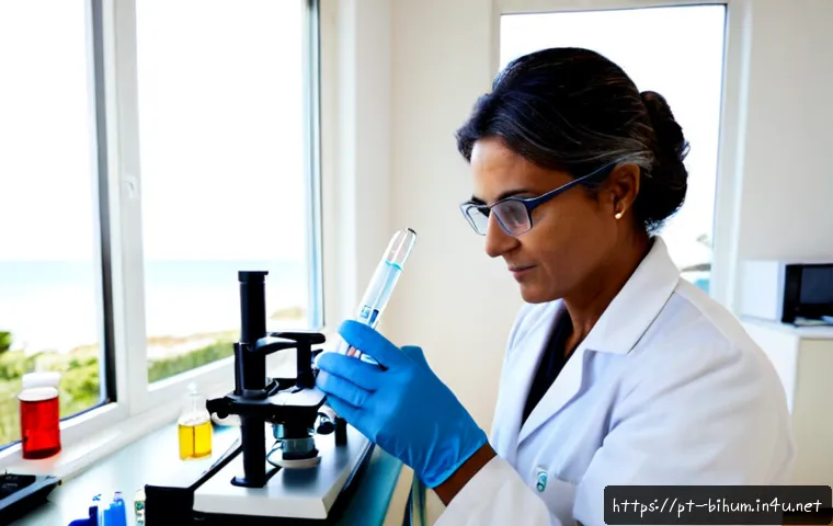 생물학자 연구 실험 기법 - Photorealistic molecular biology laboratory scene in Portugal, focused middle-aged biologist wearing...